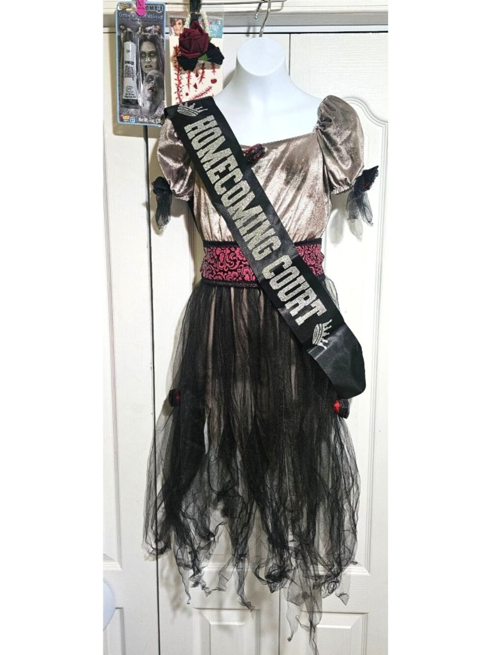 Zombie Prom Queen Corpse Costume Girls 8-10 Dress Tiara Crown Corsage Halloween